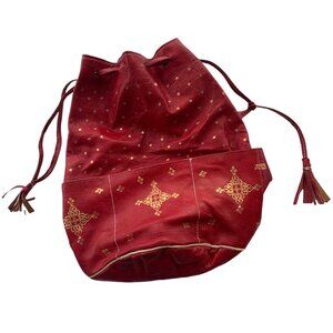 Vintage Red Leather Gold Foiled Star Print Drawstring Bucket Bag